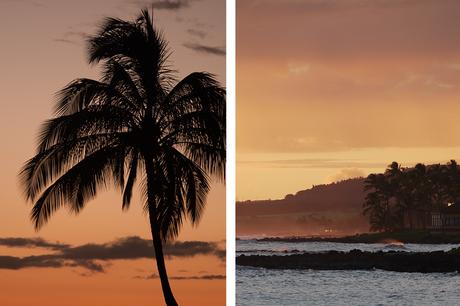 coucher de soleil à la plage de Poipu, Kauaï avec des palmiers