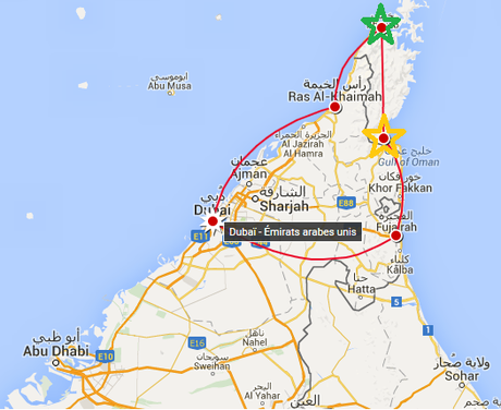 Une excursion en boutre dans la région des fjords d’Arabie Deux ports pour amorcer une croisière dans la péninsule de Musandam : Khasab (en vert) et Dibba (en jaune)