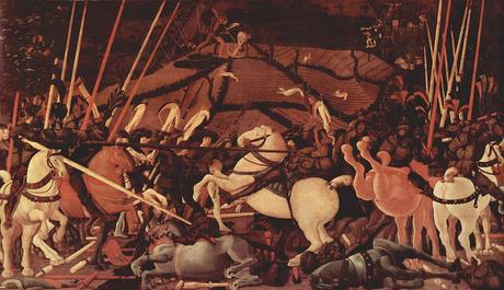 La défaite du camp siennois illustrée par la mise hors de combat de Bernardino della Ciarda, (~1456) détrempe sur bois de 3,23 m × 1,82 m (Galerie des Offices, Florence)