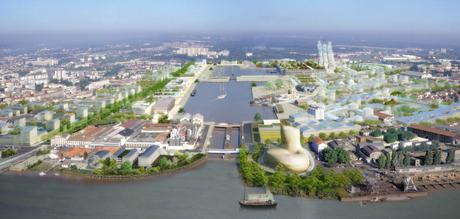 Une maquette du futur éco-quartier des Bassins flots, avec le Centre du vin au premier plan.