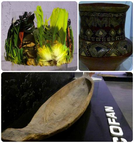 Coiffe, vase et barque au musée de la Mitad del Mundo de Quito